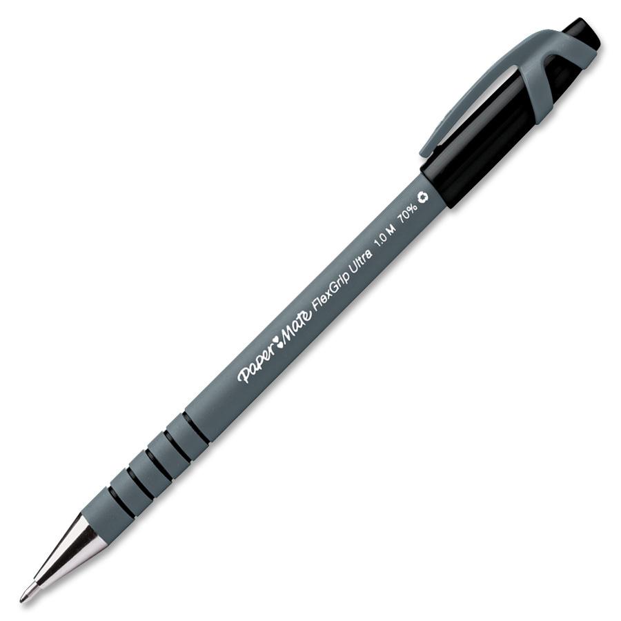 Paper Mate Flexgrip Ultra Recycled Pens - Medium Pen Point - Black - Black Rubber Barrel - 1 Dozen. Picture 2