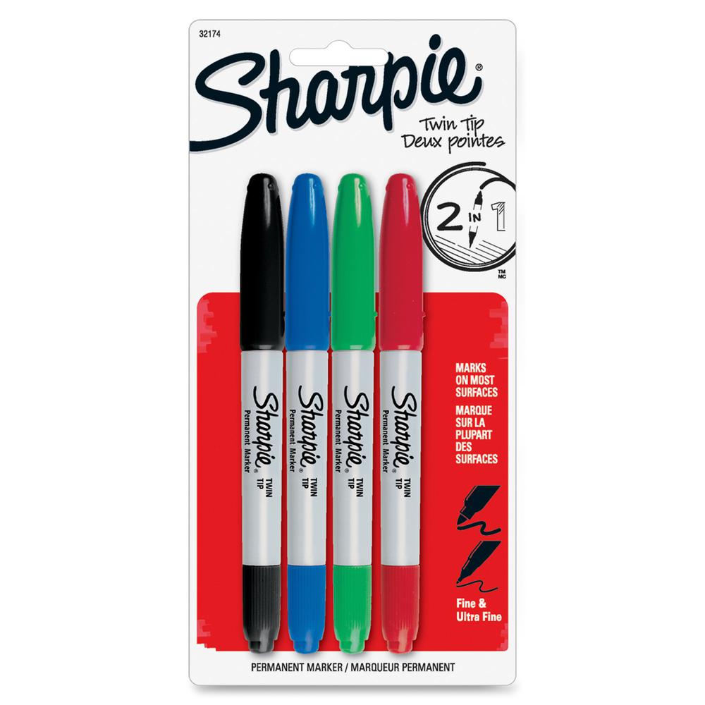 Sharpie Twin Tip Permant Maker - Ultra Fine, Fine Marker Point - 1 mm, 0.3 mm Marker Point Size - Black, Red, Blue, Green Alcohol Based Ink - 4 / Set. Picture 2