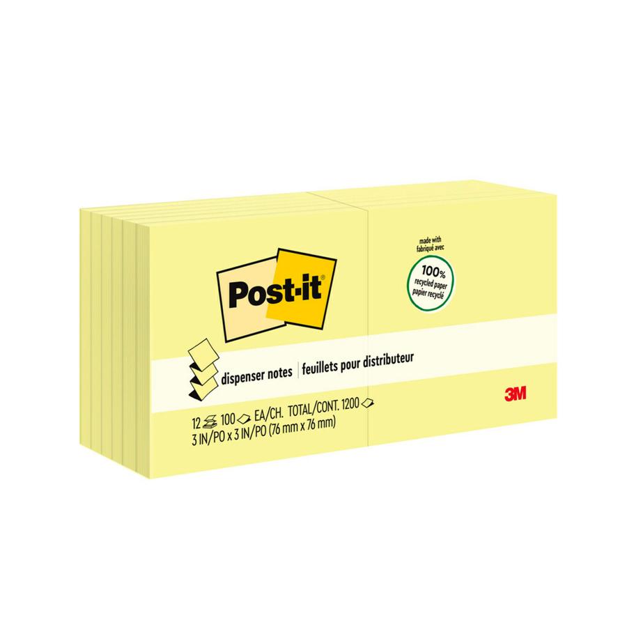 Post-it&reg; Greener Dispenser Notes - 1200 - 3" x 3" - Square - 100 Sheets per Pad - Unruled - Yellow - Paper - Self-adhesive, Repositionable, Non-smearing - 12 / Pack - Recycled. Picture 2