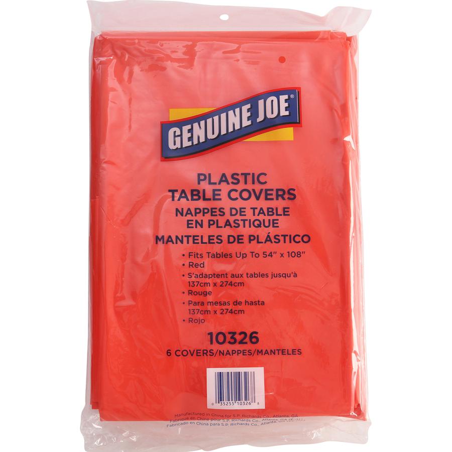 Genuine Joe Plastic Rectangular Table Covers - 108" Length x 54" Width - Plastic - Red - 6 / Pack. Picture 2