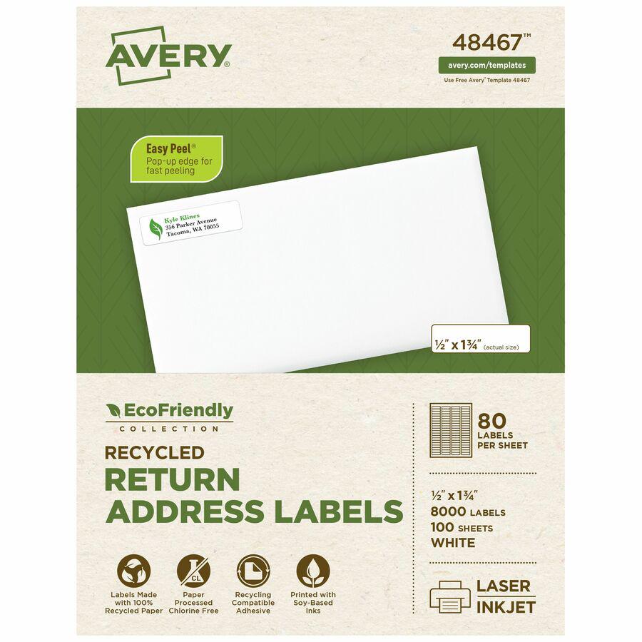 Avery&reg; EcoFriendly Address Label - 1/2" Width x 1 3/4" Length - Permanent Adhesive - Rectangle - Laser, Inkjet - White - Paper - 80 / Sheet - 100 Total Sheets - 8000 Total Label(s) - 8000 / Box. Picture 4