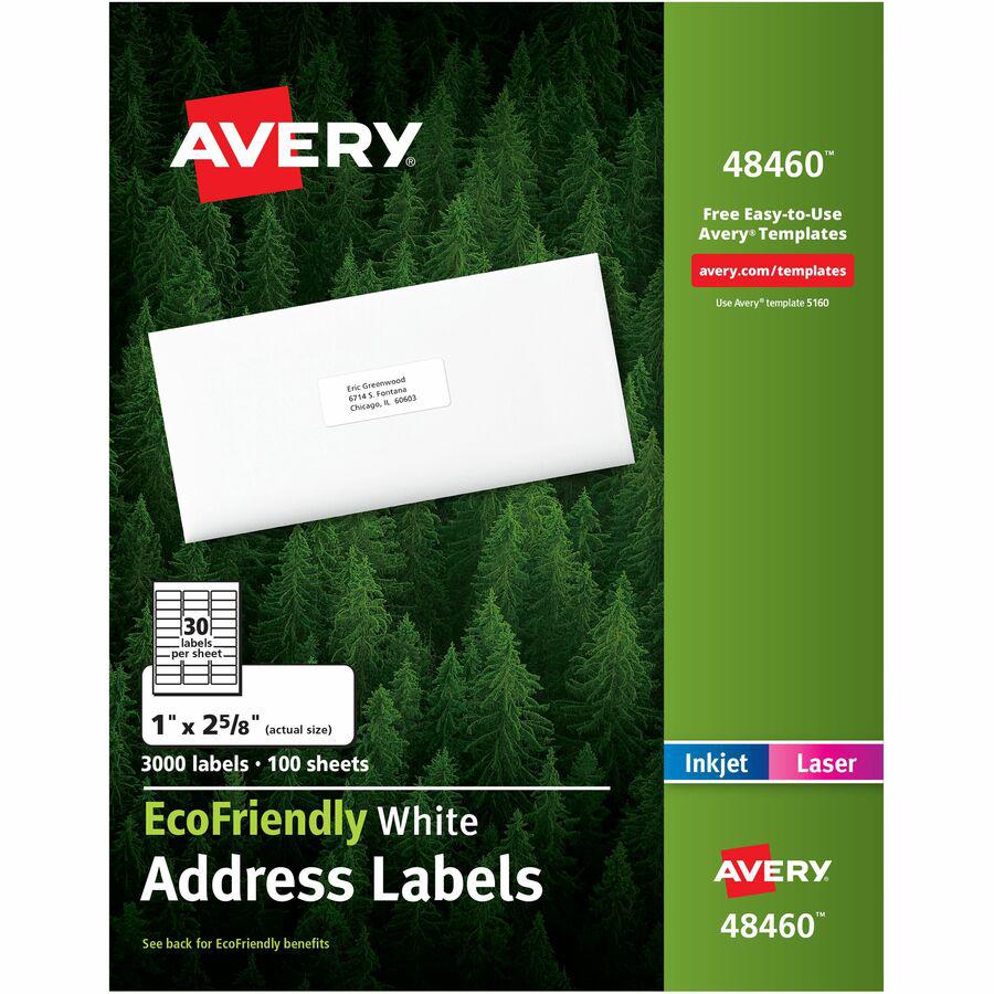 Avery&reg; EcoFriendly Address Labels - 1" Width x 2 5/8" Length - Permanent Adhesive - Rectangle - Laser, Inkjet - White - Paper - 30 / Sheet - 100 Total Sheets - 3000 Total Label(s) - 3000 / Box. Picture 5