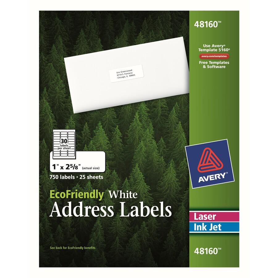 Avery&reg; Eco-Friendly Address Labels for Laser and Inkjet Printers, 1" x 2?" - 1" Width x 2 5/8" Length - Permanent Adhesive - Rectangle - Laser, Inkjet - White - Paper - 30 / Sheet - 25 Total Sheet. Picture 5