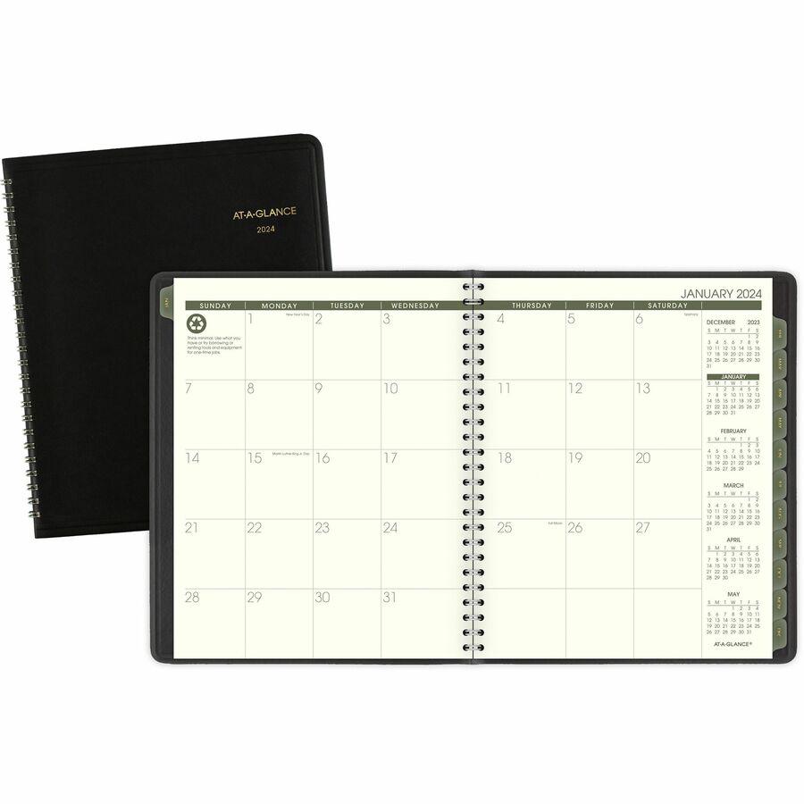 At-A-Glance Recycled Planner - Julian Dates - Monthly - 1 Year - January 2024 - December 2024 - 6 7/8" x 8 3/4" Sheet Size - Wire Bound - Desk Pad - Black - Simulated Leather - Address Directory, Phon. Picture 2