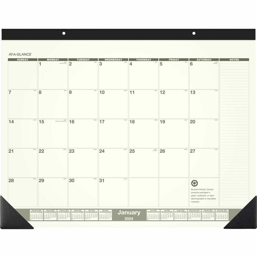 At-A-Glance 2024 Recycled Monthly Desk Pad, Standard, 22" x 17" - Standard Size - Julian Dates - Monthly - 12 Month - January 2024 - December 2024 - 1 Month Single Page Layout - 22" x 17" White Sheet . Picture 2