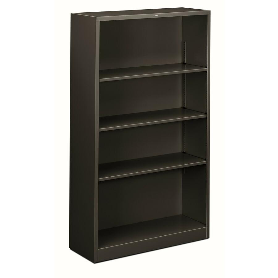 HON Brigade Steel Bookcase | 4 Shelves | 34-1/2"W | Charcoal Finish - 4 Shelf(ves) - 59" Height x 34.5" Width x 12.6" Depth - Adjustable Shelf, Reinforced, Welded, Durable, Compact - Steel. Picture 4