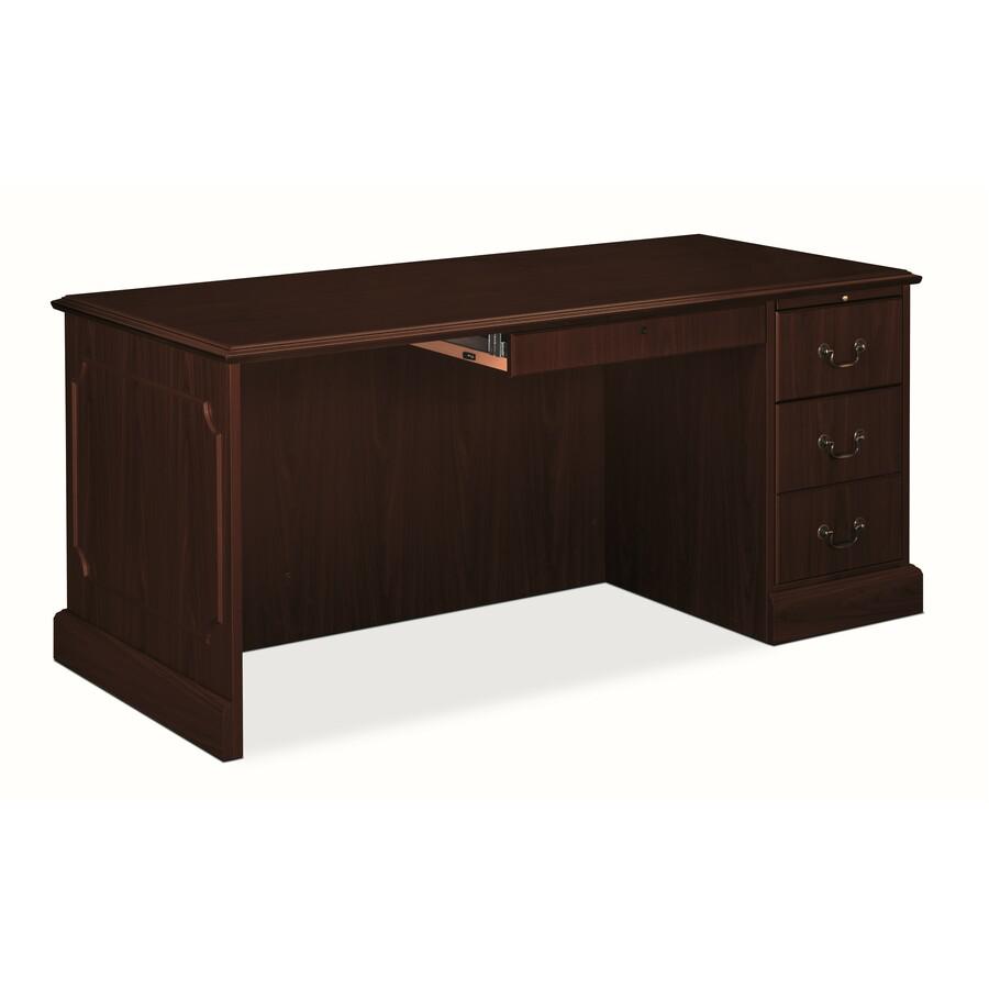 HON 94000 H94283R Pedestal Desk - 66" x 30" x 29.5" - 2 x Box Drawer(s), File Drawer(s)Right Side - Traditional Edge - Finish: Mahogany Laminate. Picture 2