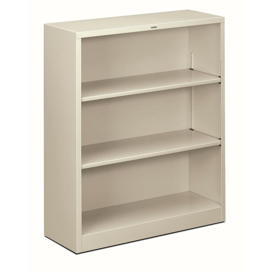 HON Brigade Steel Bookcase | 3 Shelves | 34-1/2"W | Light Gray Finish - 3 Shelf(ves) - 41" Height x 34.5" Width x 12.6" Depth - Adjustable Shelf, Reinforced, Welded, Durable, Compact - Steel. Picture 4