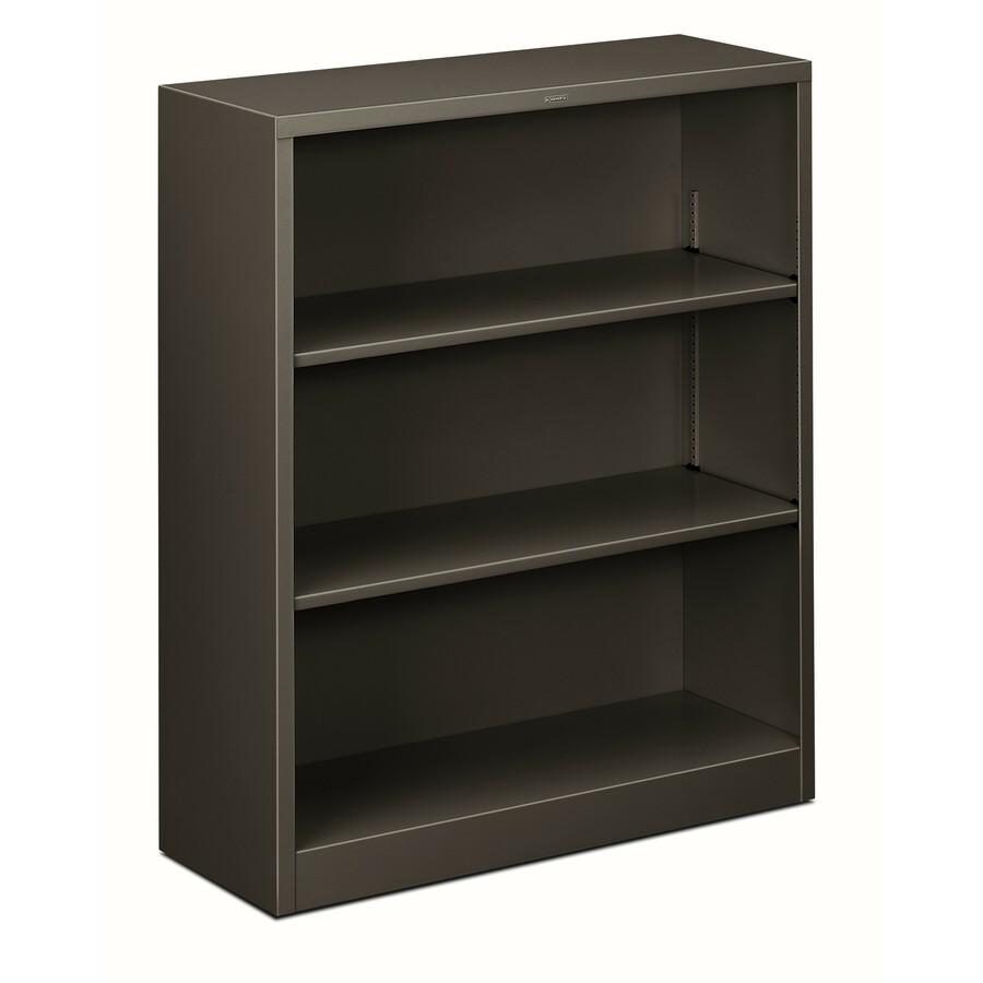 HON Brigade Steel Bookcase | 3 Shelves | 34-1/2"W | Charcoal Finish - 3 Shelf(ves) - 41" Height x 34.5" Width x 12.6" Depth - Adjustable Shelf, Reinforced, Welded, Durable, Compact - Steel. Picture 4
