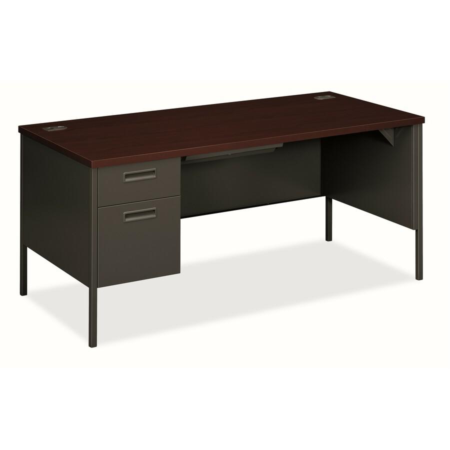 HON Metro Pedestal Desk - 66" x 30"29.5" , 1" Top - 2 x Box, File, Storage Drawer(s) - Double Pedestal on Left Side - Material: Steel - Finish: Mahogany Laminate, Charcoal. Picture 2