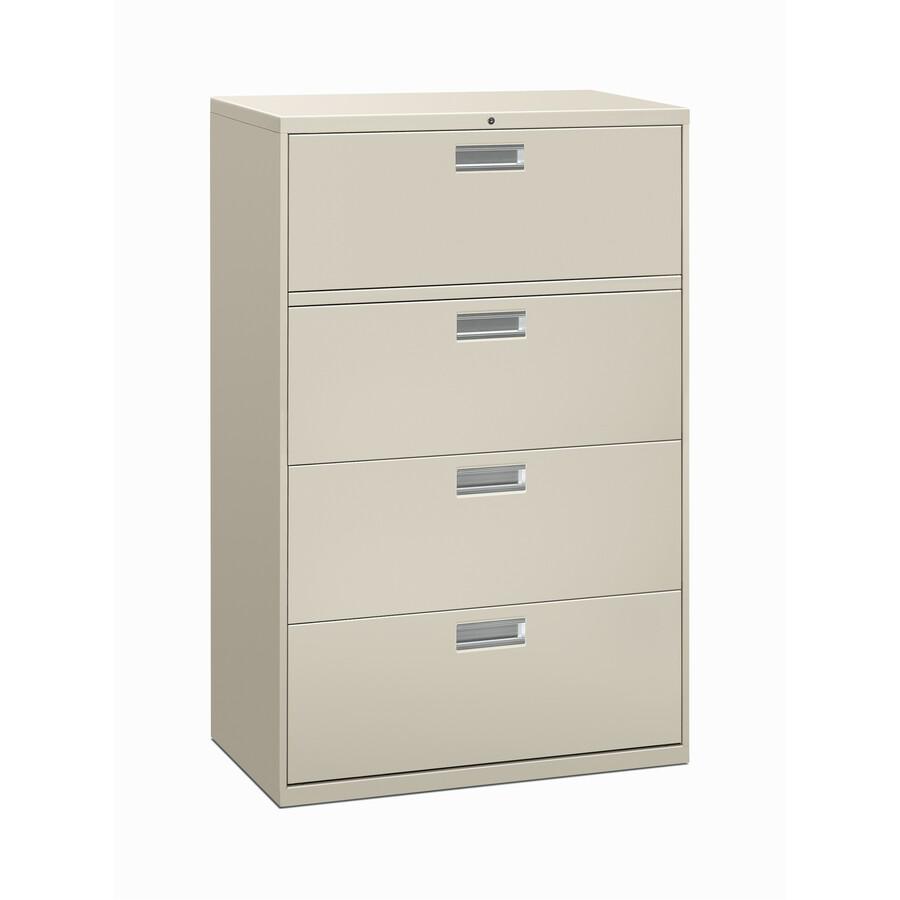 HON Brigade 600 H684 Lateral File - 36" x 18" x 53.3" - 4 - Finish: Polished Aluminum Pull, Light Gray. Picture 2