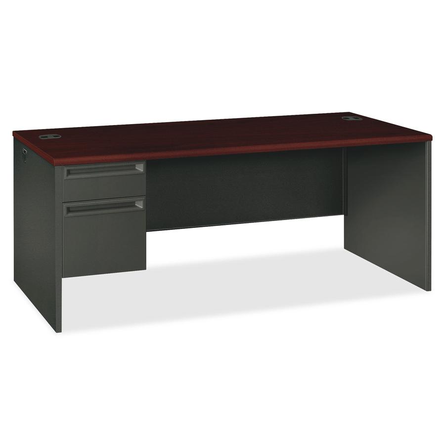 HON 38000 H38294L Pedestal Desk - 72" x 36" x 29.5" - 2 x Box Drawer(s), File Drawer(s)Left Side - Waterfall Edge - Material: Steel Glide - Finish: Mahogany Laminate, Charcoal. Picture 2