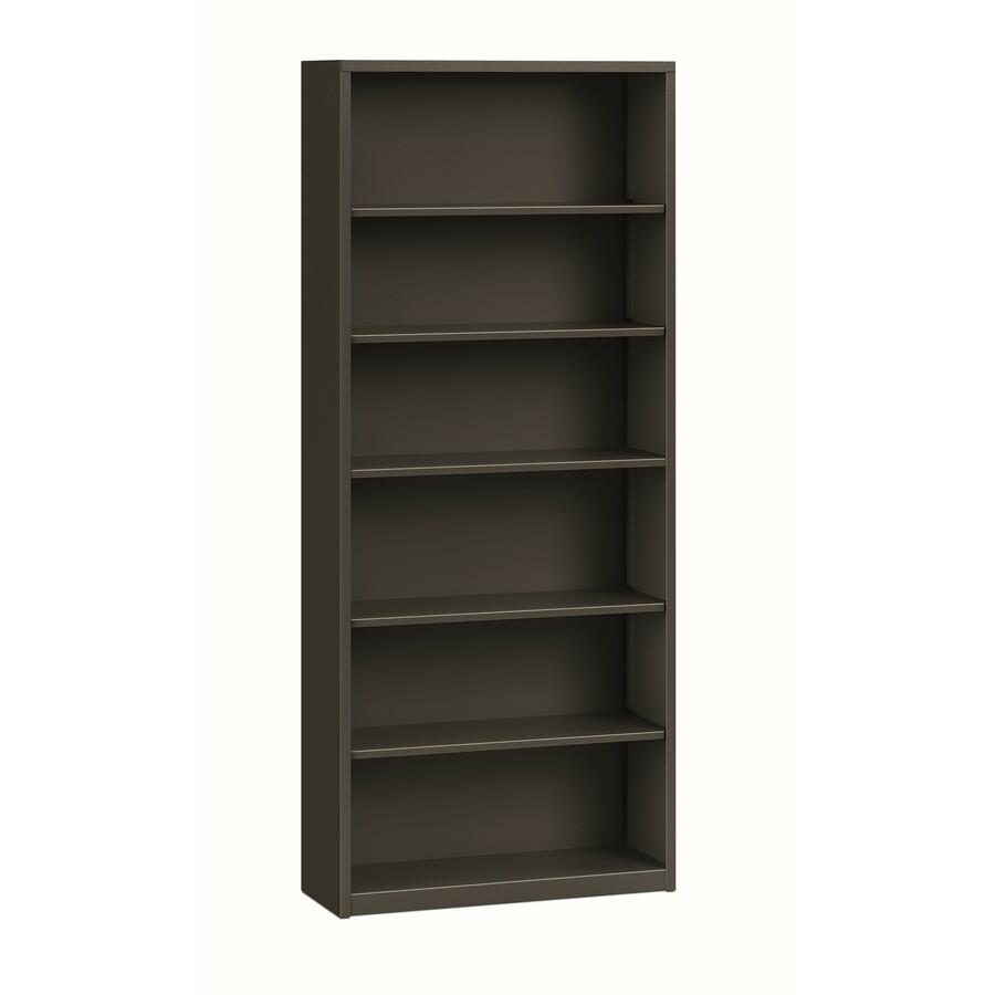 HON Brigade Steel Bookcase | 6 Shelves | 34-1/2"W | Charcoal Finish - 81.1" Height x 34.5" Width x 12.6" Depth - Adjustable Shelf, Reinforced, Welded, Durable, Compact - Steel. Picture 2