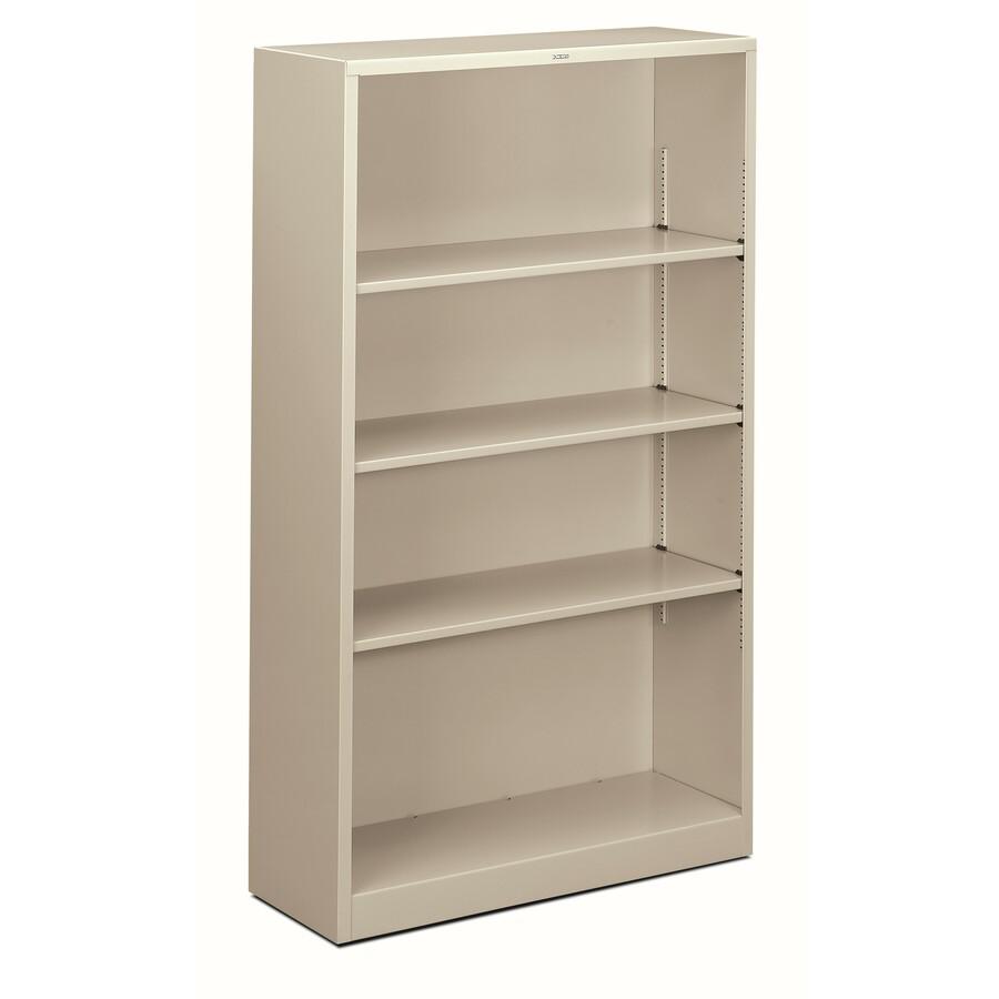 HON Brigade Steel Bookcase | 4 Shelves | 34-1/2"W | Light Gray Finish - 4 Shelf(ves) - 59" Height x 34.5" Width x 12.6" Depth - Adjustable Shelf, Reinforced, Welded, Durable, Compact - Steel. Picture 3