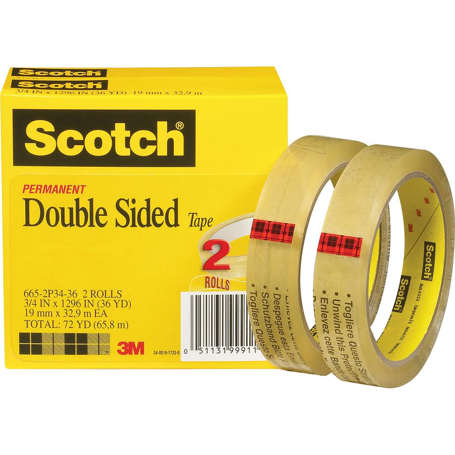 Scotch Permanent Double-Sided Tape - 3/4"W - 36 yd Length x 0.75" Width - 3" Core - Long Lasting - For Attaching, Mounting - 2 / Pack - Clear. Picture 2