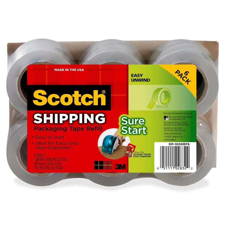 Scotch Sure Start Packaging Tape - 22.20 yd Length x 1.88" Width - 2.6 mil Thickness - 1.50" Core - Synthetic Rubber Resin - 6 / Pack - Clear. Picture 3