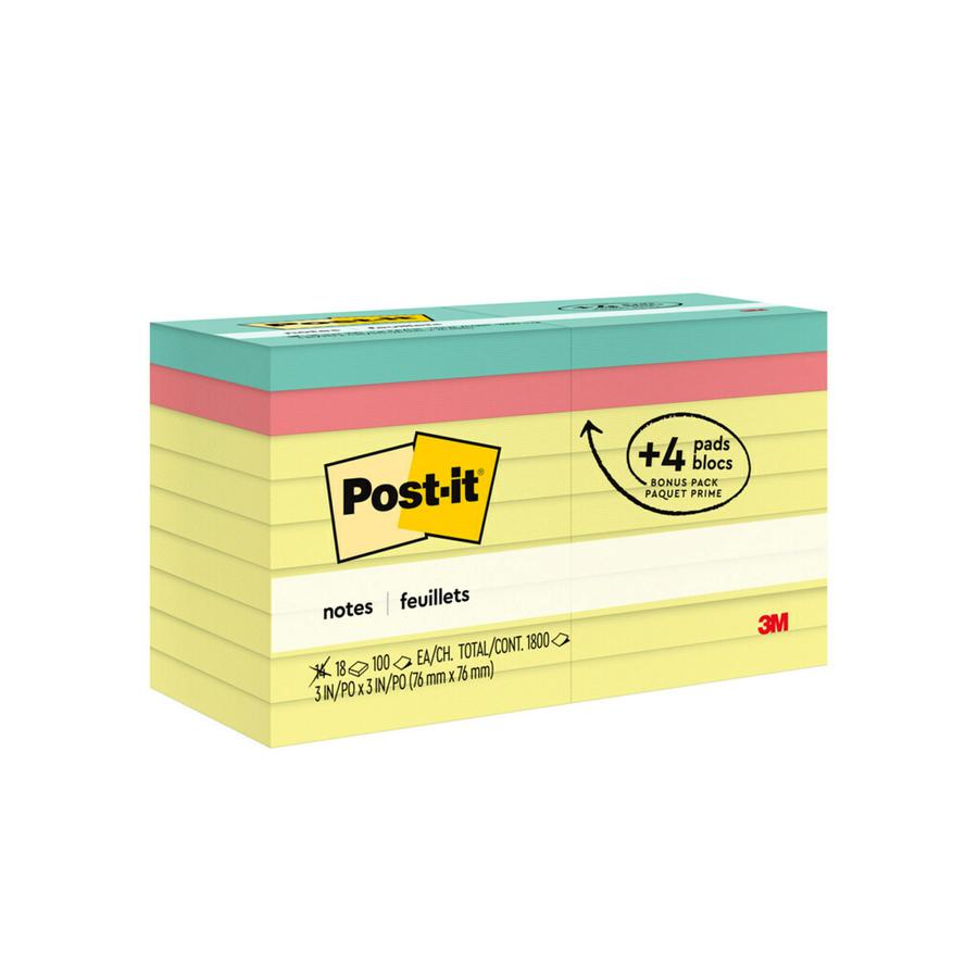 Post-it&reg; Notes Original Notepads - 1800 - 3" x 3" - Square - 100 Sheets per Pad - Unruled - Canary Yellow - Paper - Removable - 18 / Pack. Picture 4