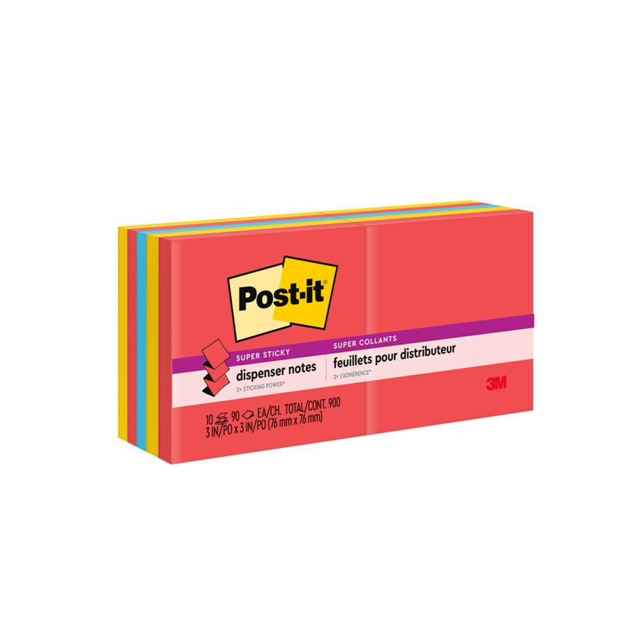 Post-it&reg; Super Sticky Dispenser Notes - Playful Primaries Color Collection - 900 - 3" x 3" - Square - 90 Sheets per Pad - Unruled - Candy Apple Red, Blue Paradise, Sunnyside - Paper - Self-adhesiv. Picture 3
