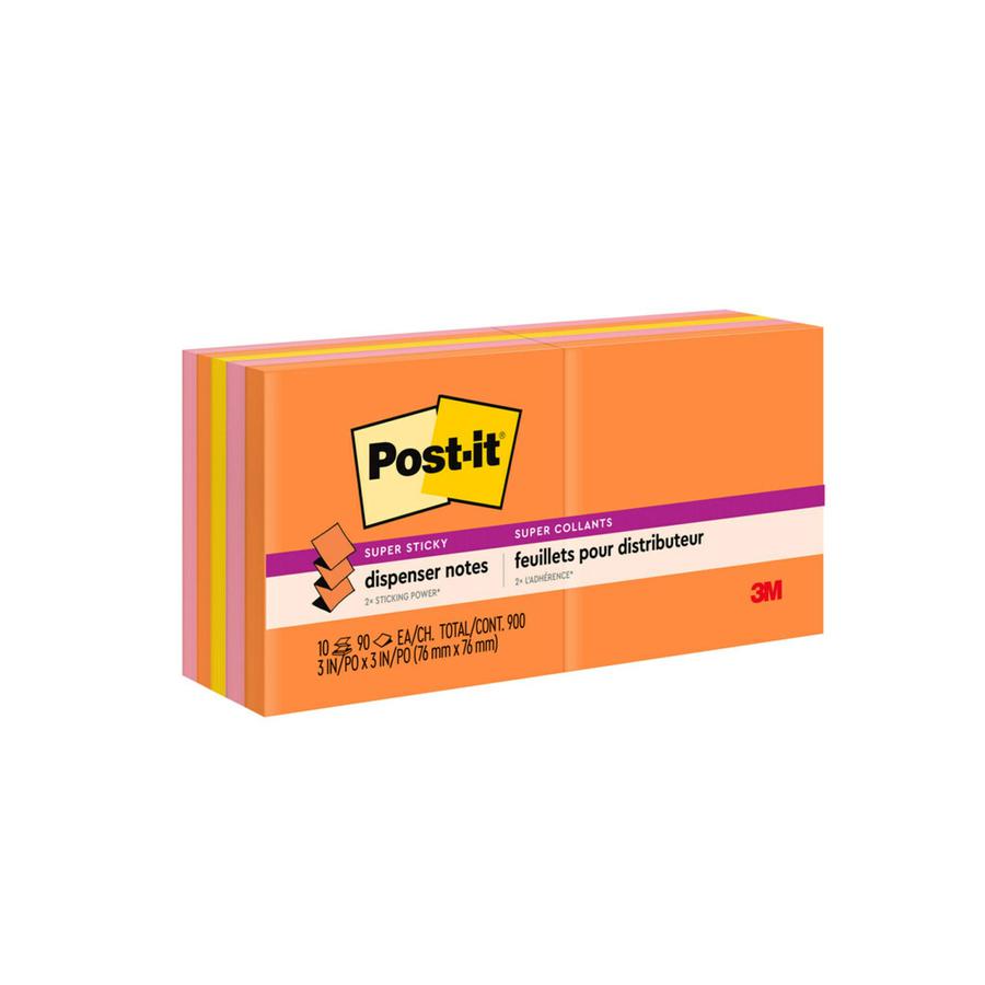 Post-it&reg; Super Sticky Dispenser Notes - Energy Boost Color Collection - 900 - 3" x 3" - Square - 90 Sheets per Pad - Unruled - Vital Orange, Tropical Pink, Sunnyside - Paper - Self-adhesive, Repos. Picture 5