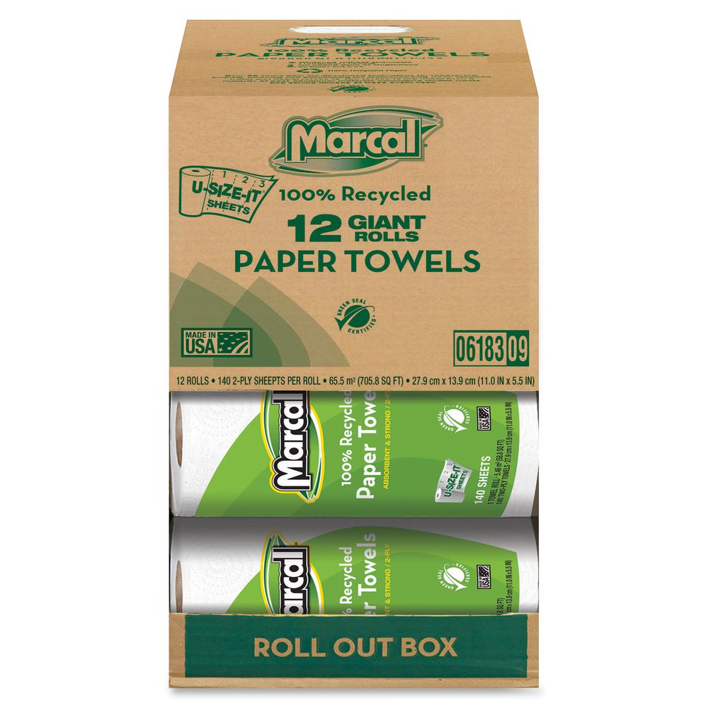 Marcal Giant Paper Towel in a Roll Out Carton - 2 Ply - 140 Sheets/Roll - White - Paper - 12 / Carton. Picture 3