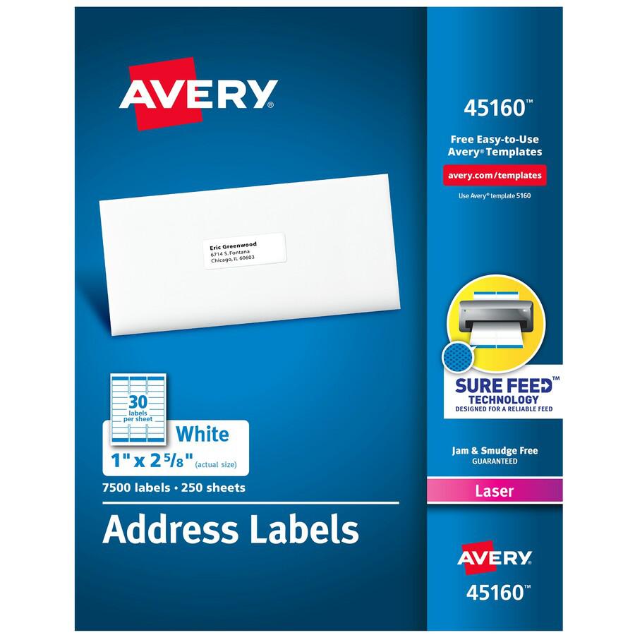 Avery&reg; Address Labels - Sure Feed Technology - 1" Width x 2 5/8" Length - Permanent Adhesive - Rectangle - Laser - White - Paper - 30 / Sheet - 250 Total Sheets - 7500 Total Label(s) - 7500 / Box. Picture 4