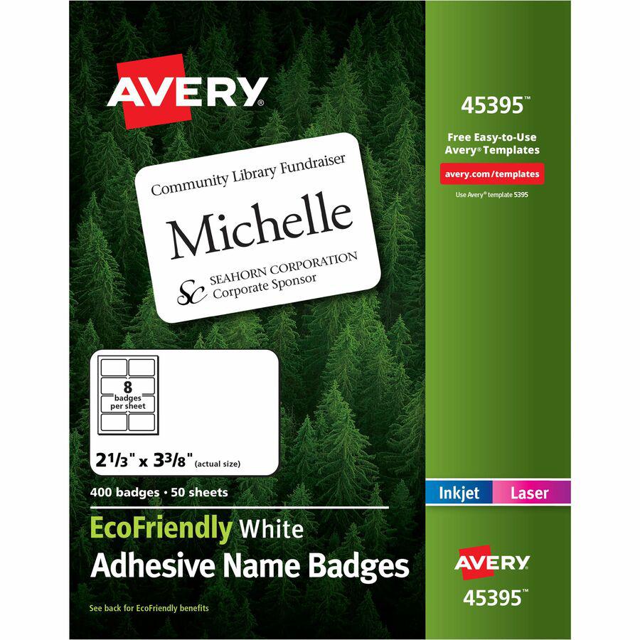 Avery&reg; Eco-friendly Premium Name Badge Labels - 2 21/64" Width x 3 3/8" Length - Removable Adhesive - Rectangle - Laser, Inkjet - White - Paper - 8 / Sheet - 50 Total Sheets - 400 Total Label(s) -. Picture 2