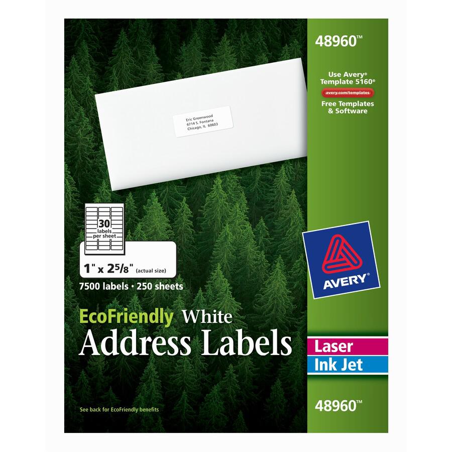Avery&reg; EcoFriendly Address Label - 1" Width x 2 5/8" Length - Permanent Adhesive - Rectangle - Laser, Inkjet - White - Paper - 30 / Sheet - 250 Total Sheets - 7500 Total Label(s) - 7500 / Box. Picture 4