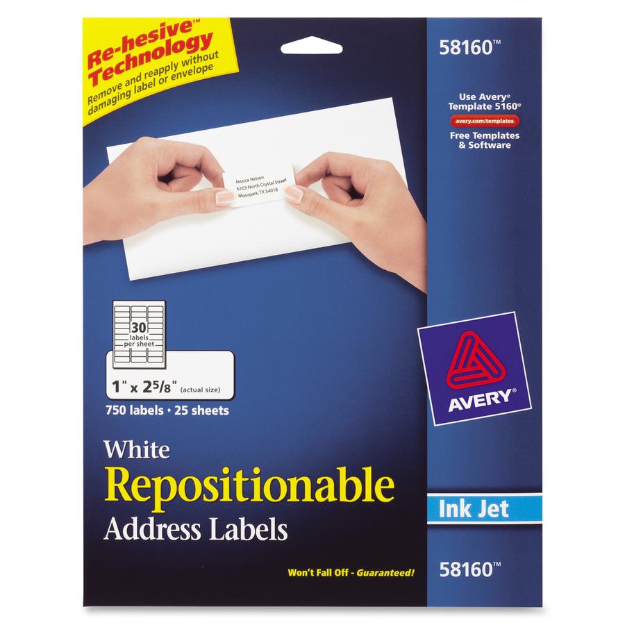 Avery&reg; Repositionable Address Labelss - Sure Feed Technology - 1" Width x 2 5/8" Length - Rectangle - Inkjet - White - Paper - 30 / Sheet - 25 Total Sheets - 750 Total Label(s) - 750 / Pack. Picture 5