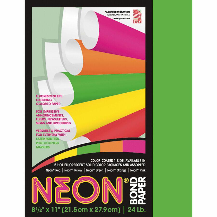 Pacon Neon Multipurpose Paper - Green - Letter - 8.50" x 11" - 24 lb Basis Weight - 100 Sheets/Pack - Bond Paper - Neon Green. Picture 3