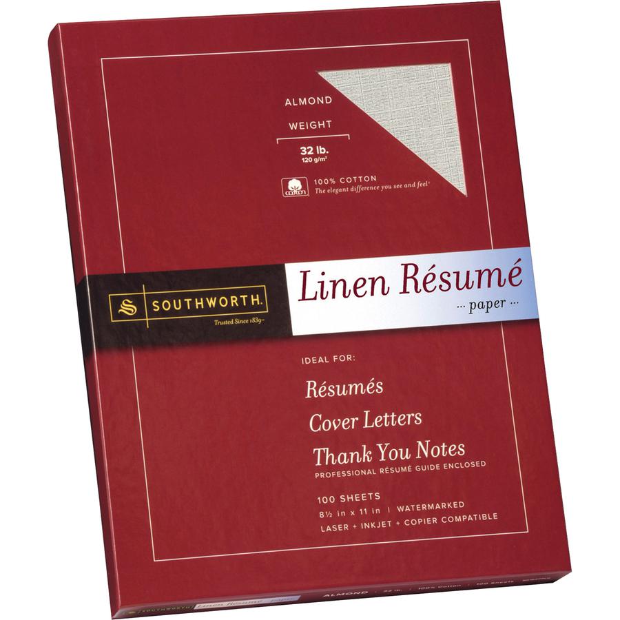 Southworth 100% Cotton Resume Paper - Letter - 8 1/2" x 11" - 32 lb Basis Weight - Linen - 100 / Box - Acid-free, Watermarked - Almond. Picture 2
