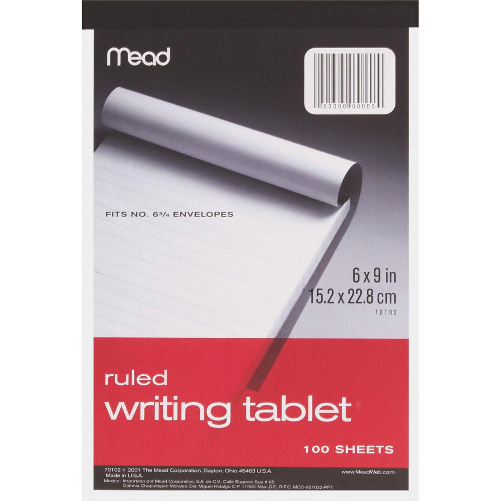 Mead Ruled Writing Tablet - 100 Sheets - Ruled - 20 lb Basis Weight - 6" x 9" - White Paper - 1 Each. Picture 2