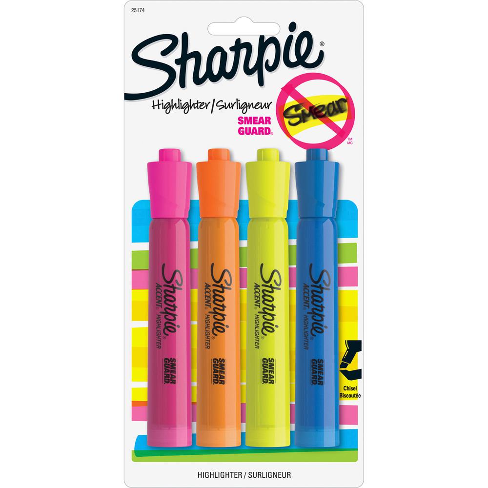 Sharpie Tank Style Accent Highlighters - Chisel Marker Point Style - Yellow, Orange, Pink, Blue - 4 / Pack. Picture 3