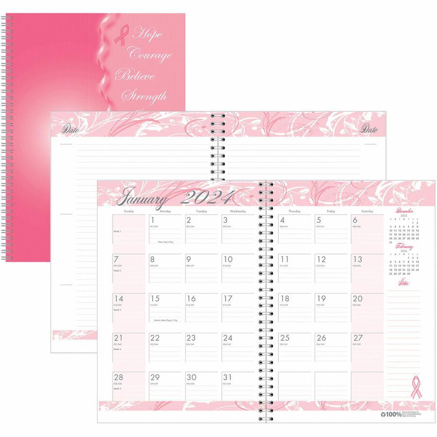 House of Doolittle BCA Pink Cover Monthly Wirebound Journal - Julian Dates - Monthly - 12 Month - January 2024 - December 2024 - 1 Month Single Page Layout - 7" x 10" Sheet Size - 1.38" x 1.75" Block . Picture 5