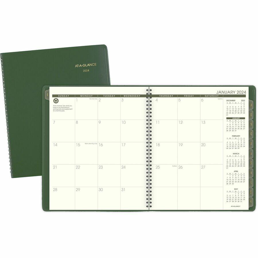 At-A-Glance Recycled Planner - Large Size - Monthly - 13 Month - January 2024 - January 2025 - 1 Month Double Page Layout - 9" x 11" Sand Sheet - Wire Bound - Desktop - Green - Paper, Simulated Leathe. Picture 2