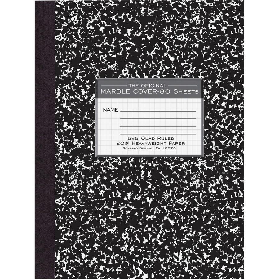 Roaring Spring Black Marble Composition Book - 80 Sheets - 160 Pages - Printed - Sewn/Tapebound - Both Side Ruling Surface - 20 lb Basis Weight - 10 1/4" x 7 7/8" - 0.50" x 7.9" x 10.3" - White Paper . Picture 2