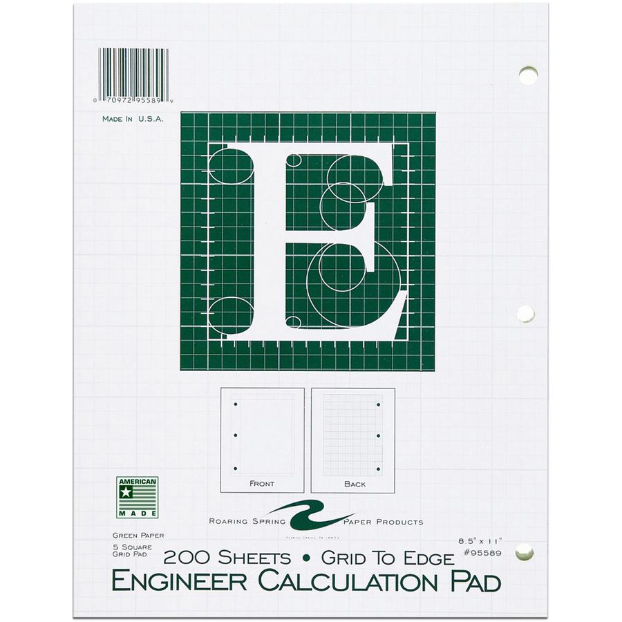 Roaring Spring 5x5 Grid Engineering Pad - 200 Sheets - 400 Pages - Printed - Glued - Back Ruling Surface - 3 Hole(s) - 15 lb Basis Weight - 56 g/m&#178; Grammage - 11" x 8 1/2" - 0.66" x 8.5" x 11" - . Picture 2