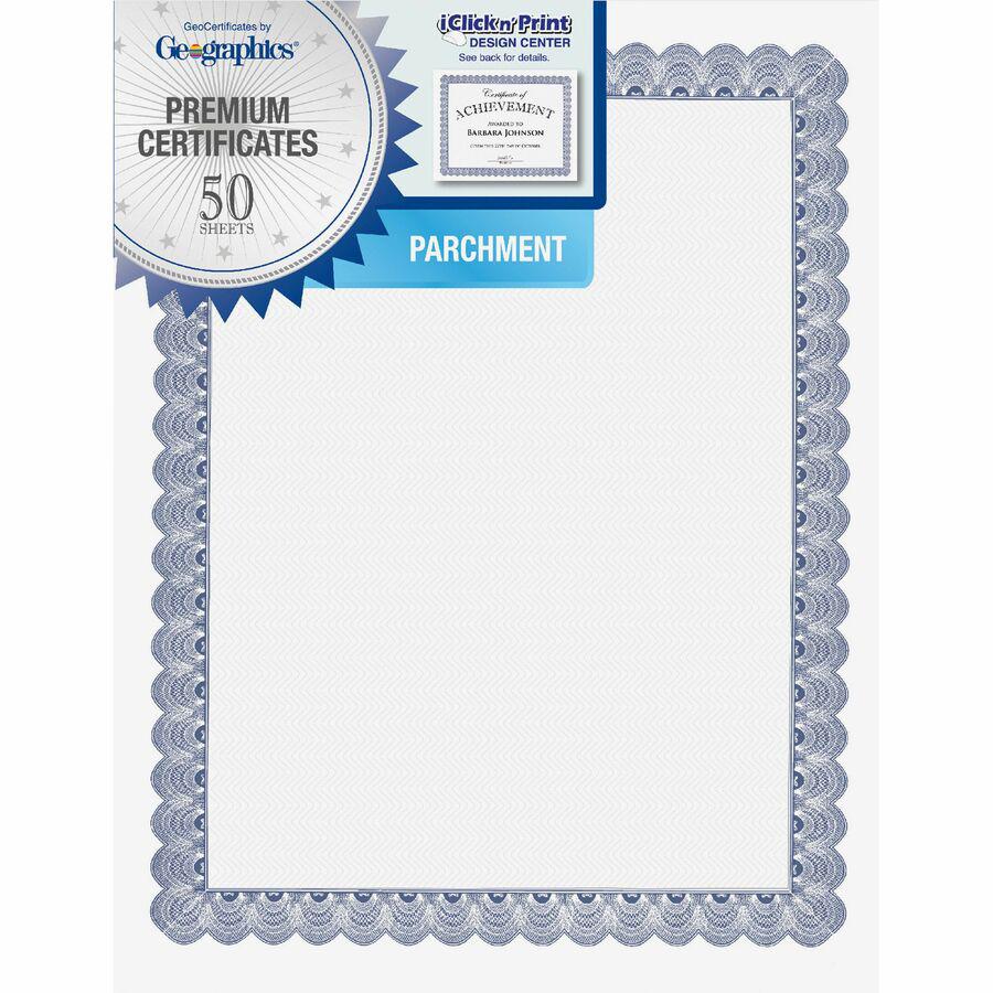 Geographics Conventional Blue Certificate - 24 lb Basis Weight - 11" x 8.5" - Inkjet, Laser Compatible - Blue with White Border - Parchment Paper - 50 / Pack. Picture 4