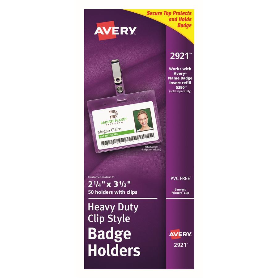 Avery&reg; Heavy-Duty Clip Style Badge Holders - Support 3.50" x 2.25" Media - Horizontal - 3.5" x 2.3" - Plastic - 50 / Box - Clear. Picture 6