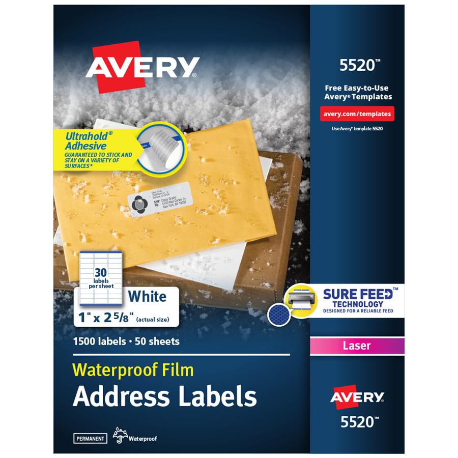 Avery&reg; Weatherproof Mailing Labels - 1" Width x 2 5/8" Length - Permanent Adhesive - Rectangle - Laser - White - Film - 30 / Sheet - 50 Total Sheets - 1500 Total Label(s) - 5. Picture 2