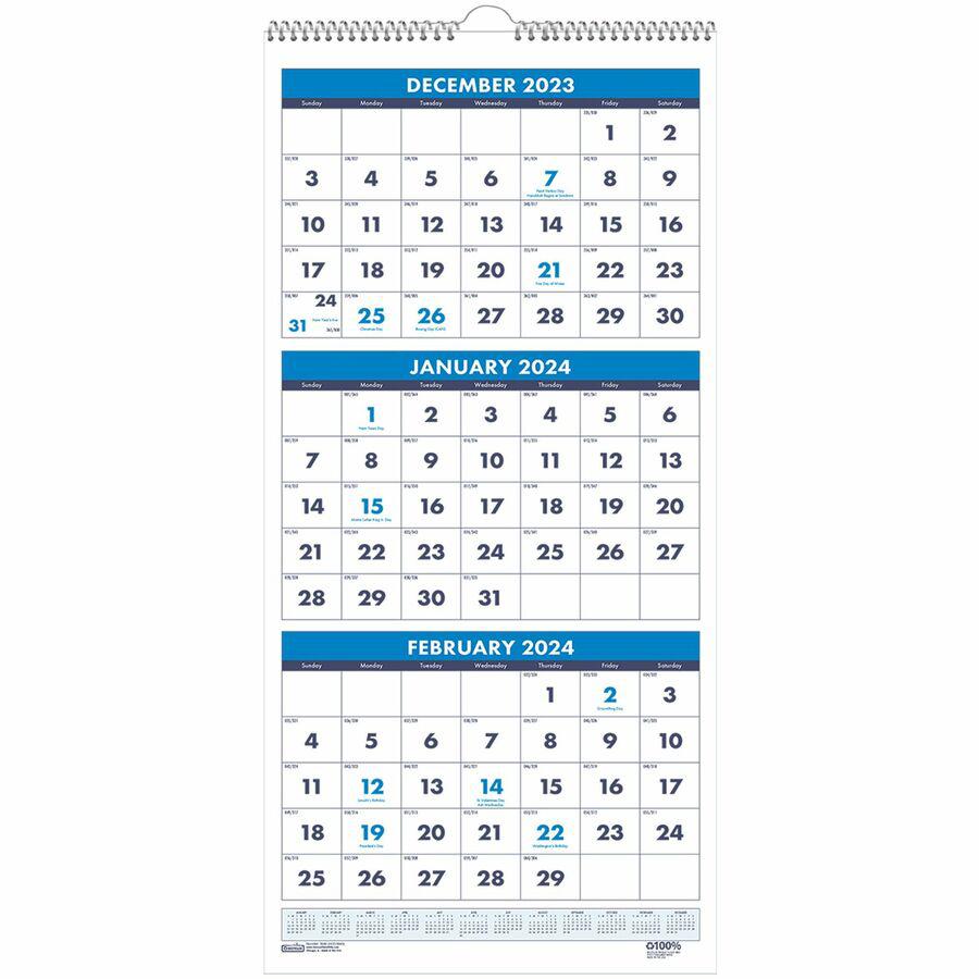 House of Doolittle Three-month Vertical Wall Calendar - Monthly - 14 Month - December 2021 till January 2023 - 3 Month Single Page Layout - 12 1/4" x 27" Sheet Size - Wire Bound - Blue - Paper - 26" H. Picture 2