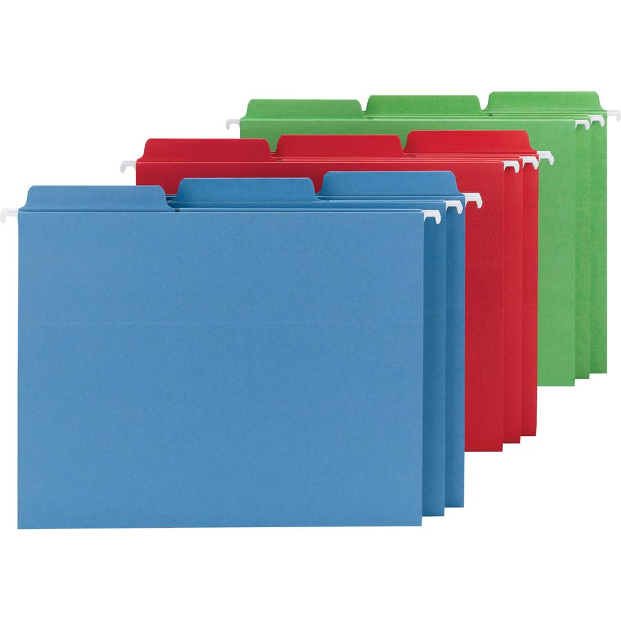 Smead FasTab 1/3 Tab Cut Letter Recycled Hanging Folder - 8 1/2" x 11" - Top Tab Location - Assorted Position Tab Position - Blue, Green, Red - 10% Recycled - 18 / Box. Picture 11