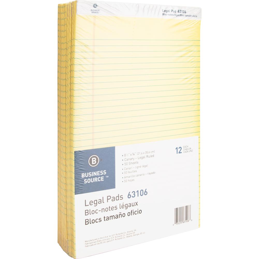 Business Source Micro - Perforated Legal Ruled Pads - Legal - 50 Sheets - 0.34" Ruled - 16 lb Basis Weight - 8 1/2" x 14" - Canary Paper - Micro Perforated, Easy Tear, Sturdy Back - 1 Dozen. Picture 2