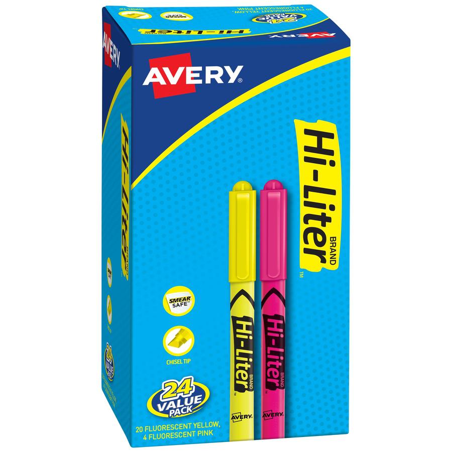Avery&reg; Hi-Liter Pen-Style Highlighters - Fine Marker Point - Chisel Marker Point Style - Fluorescent Yellow, Fluorescent Pink Water Based Ink - 24 / Pack. Picture 4