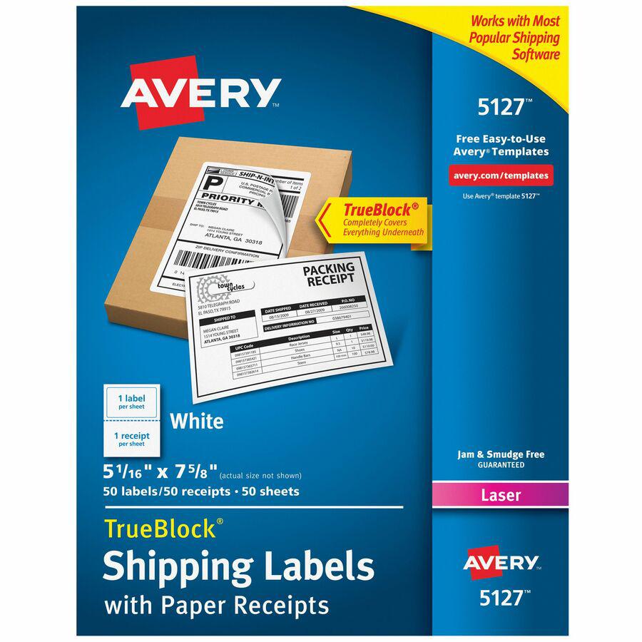 Avery&reg; Shipping Labels with Receipt, 5-1/16" x 7-5/8" , 50 Labels (5127) - 7 5/8" Length - Permanent Adhesive - Rectangle - Laser - White - Paper - 1 / Sheet - 50 Total Sheets - 50 Total Label(s) . Picture 5