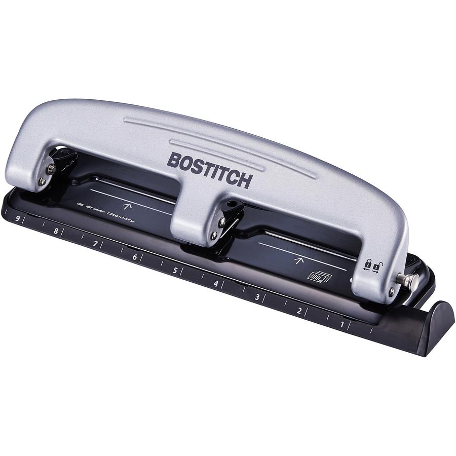 Bostitch EZ Squeeze&trade; 12 Three-Hole Punch - 3 Punch Head(s) - 12 Sheet - 9/32" Punch Size - 3" x 1.6" - Black, Silver. Picture 4