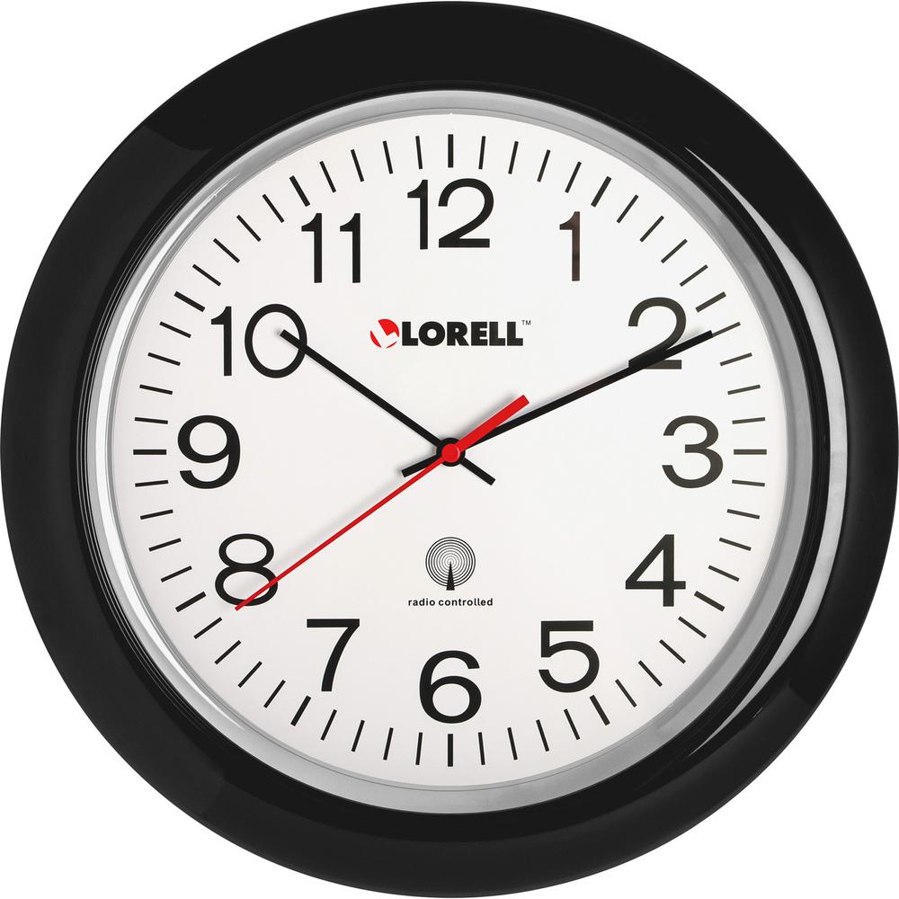Lorell 13-1/4" Radio-Controlled Wall Clock - Analog - Quartz - White Main Dial - Black/Plastic Case. Picture 3