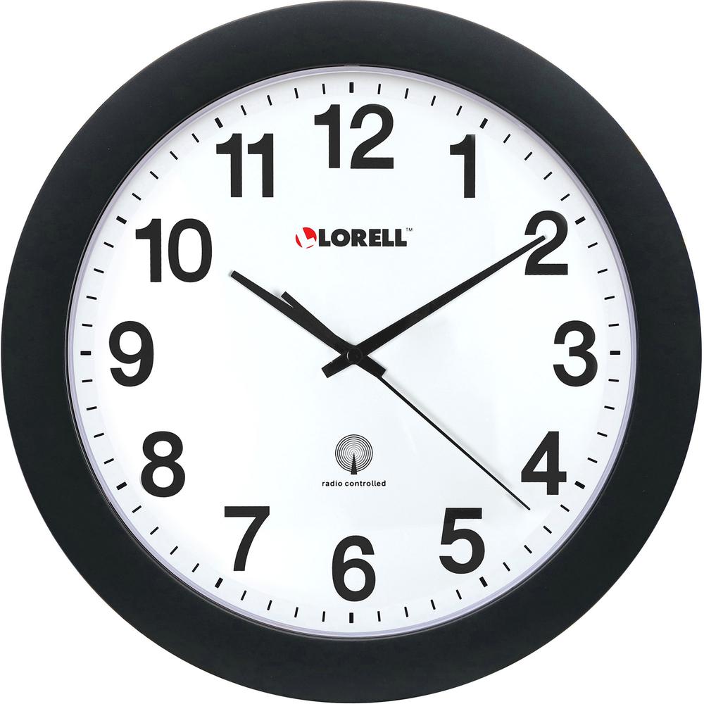 Lorell 12" Round Radio-Controlled Wall Clock - Analog - Quartz - White Main Dial - Black/Plastic Case. Picture 2