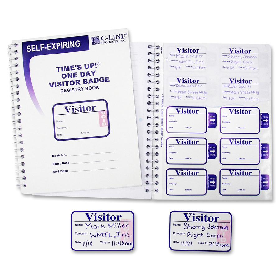 C-Line Time's Up! Self-Expiring Visitor Badges with Registry Log - One Day Badge, 3 x 2 Badge Size, 150 Badges and Log Book/BX, 97009. Picture 3