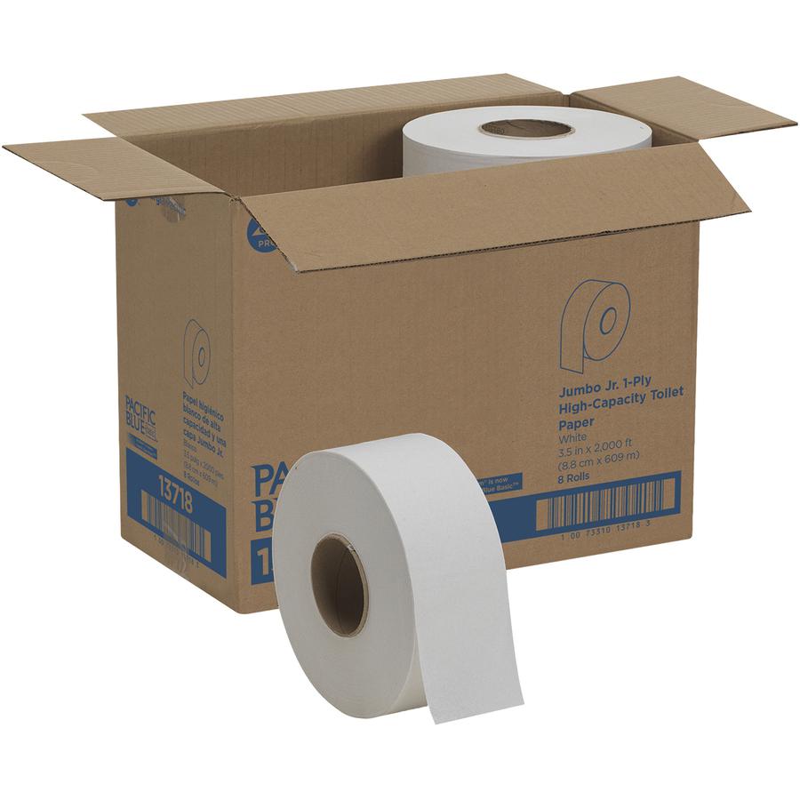Pacific Blue Basic Jumbo Jr. High-Capacity Toilet Paper - 1 Ply - 3.50" x 2000 ft - 3.30" Roll Diameter - White - 8 / Carton. Picture 4