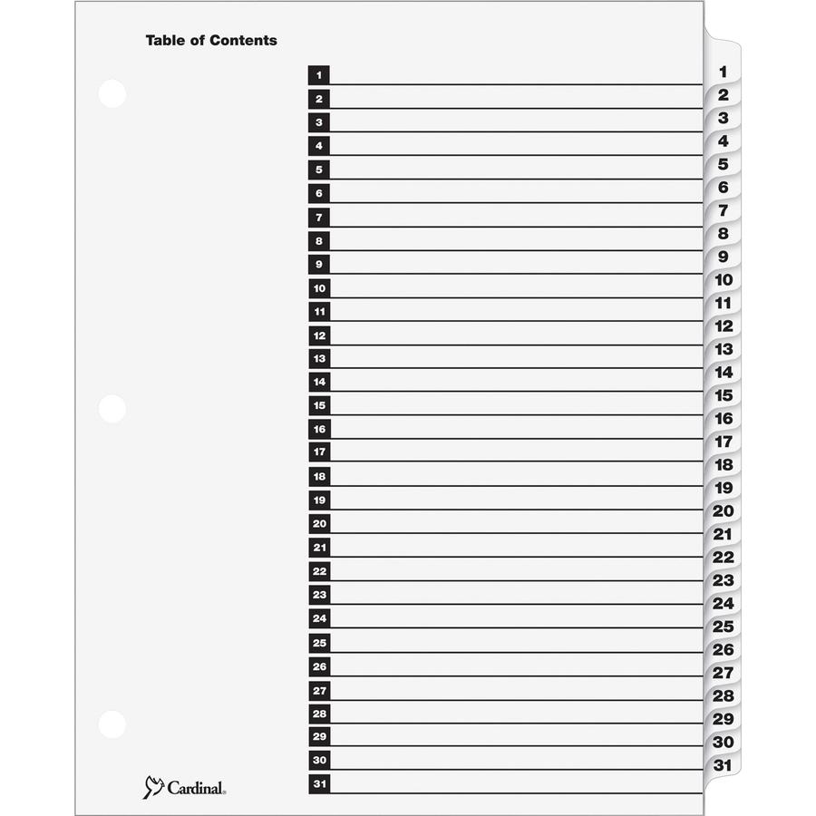 Cardinal OneStep Daily Index System - 31 x Divider(s) - Printed Tab(s) - Digit - 1-31 - 31 Tab(s)/Set - 9" Divider Width x 11" Divider Length - Letter - 8.50" Width x 11" Length - 3 Hole Punched - Whi. Picture 2